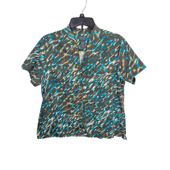 Chico's Additions Brown Teal Abstract Stretch Button Front Top Size 3 = XL (16) - Picture 1 of 11